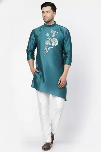 Sea green embroidered dupion art silk kurta set