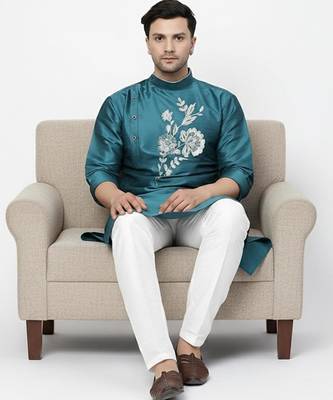 Sea green embroidered dupion art silk kurta set 2
