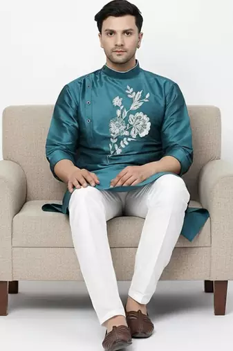 Sea green embroidered dupion art silk kurta set