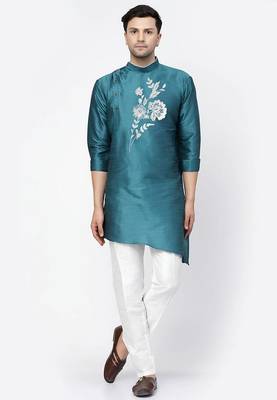 Sea green embroidered dupion art silk kurta set 3