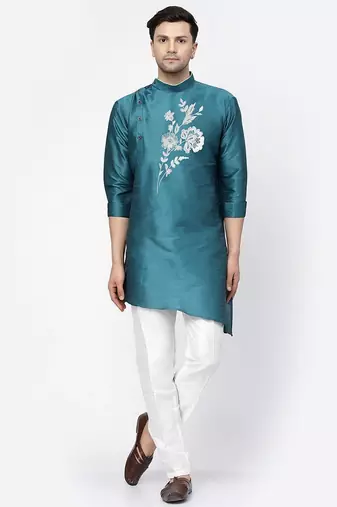 Sea green embroidered dupion art silk kurta set