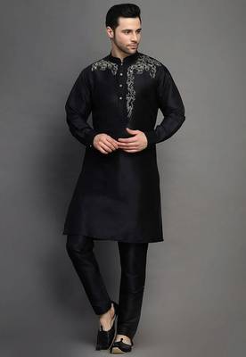 Black embroidered dupion art silk kurta set 1