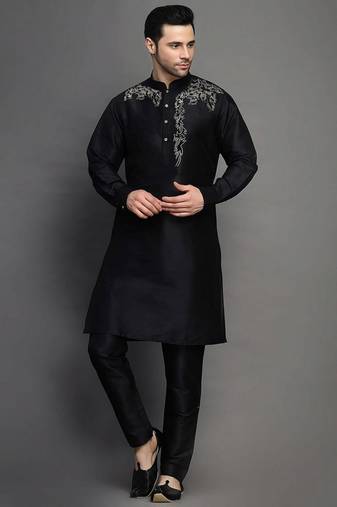 Black embroidered dupion art silk kurta set