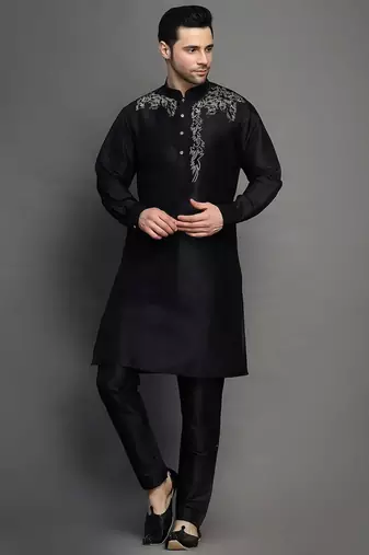Black embroidered dupion art silk kurta set