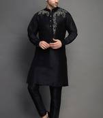 Black embroidered dupion art silk kurta set