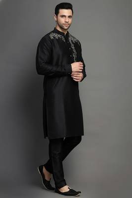 Black embroidered dupion art silk kurta set 2