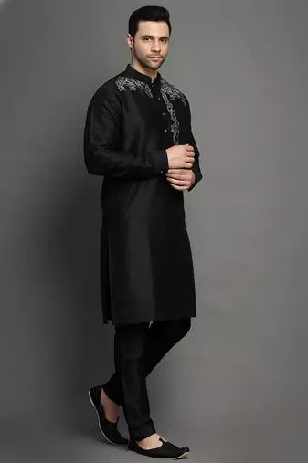 Black embroidered dupion art silk kurta set