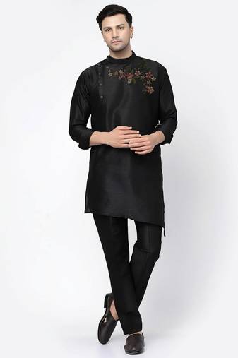 Black embroidered dupion art silk kurta set