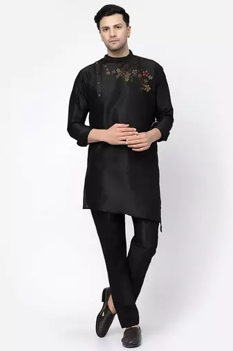 Black embroidered dupion art silk kurta set