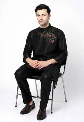 Black embroidered dupion art silk kurta set 2
