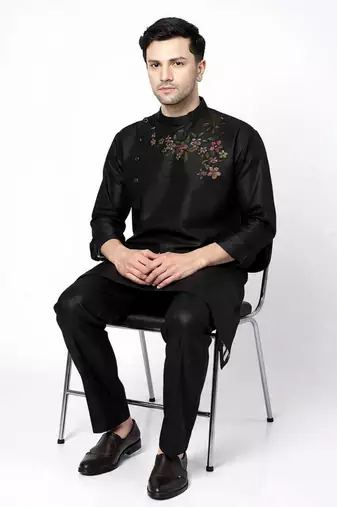 Black embroidered dupion art silk kurta set