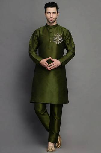 Mahendi green embroidered dupion art silk kurta set