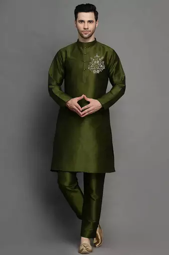 Mahendi green embroidered dupion art silk kurta set