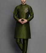 Mahendi green embroidered dupion art silk kurta set