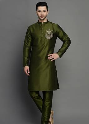 Mahendi green embroidered dupion art silk kurta set 2