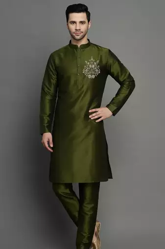 Mahendi green embroidered dupion art silk kurta set