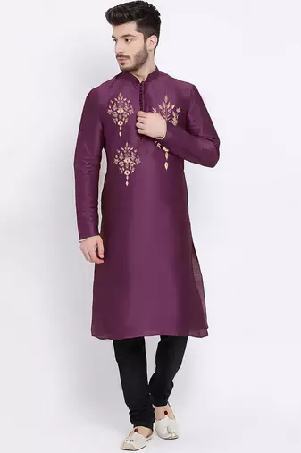 Purple embroidered dupion art silk kurta set