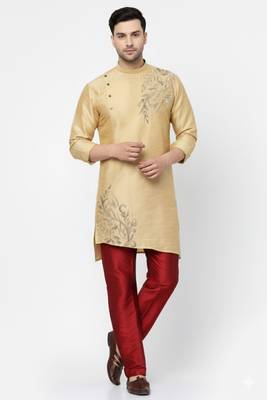 Light golden embroidered dupion art silk kurta set 1
