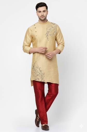Light golden  embroidered dupion art silk kurta set