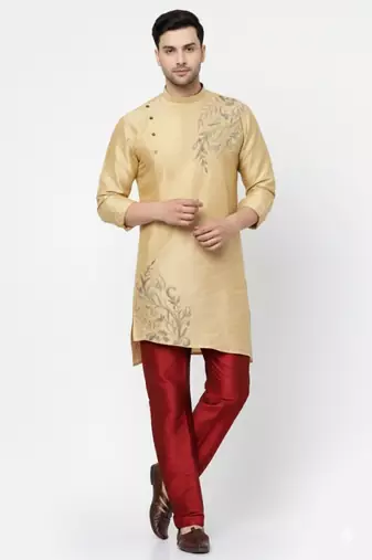 Light golden  embroidered dupion art silk kurta set