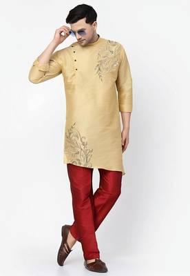 Light golden embroidered dupion art silk kurta set 2
