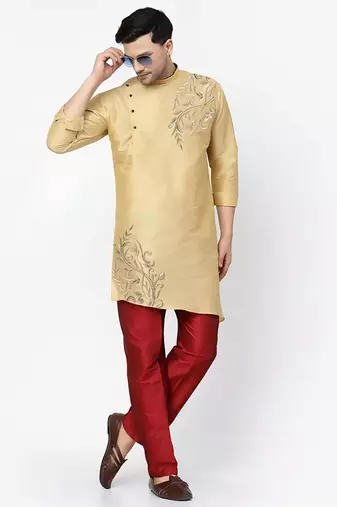 Light golden embroidered dupion art silk kurta set