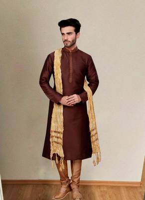 Brown embroidered dupion art silk kurta set 1