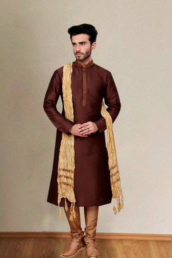 Brown embroidered dupion art silk kurta set