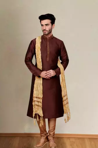 Brown embroidered dupion art silk kurta set