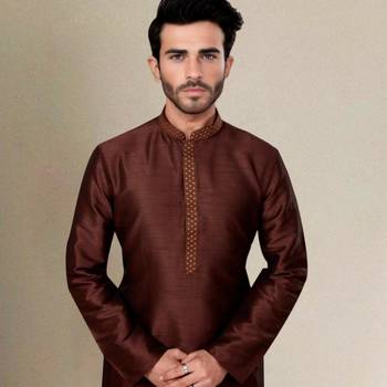 Brown embroidered dupion art silk kurta set 2