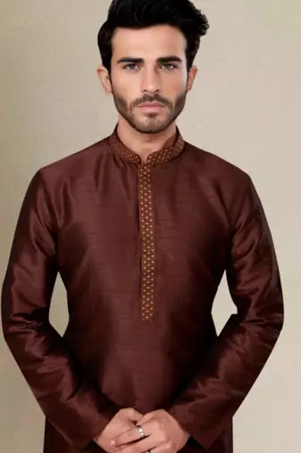 Brown embroidered dupion art silk kurta set