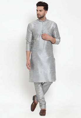 Grey embroidered dupion art silk kurta set 1