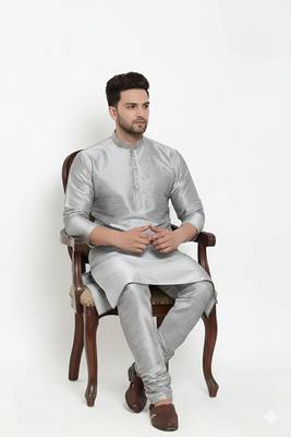 Grey embroidered dupion art silk kurta set 2