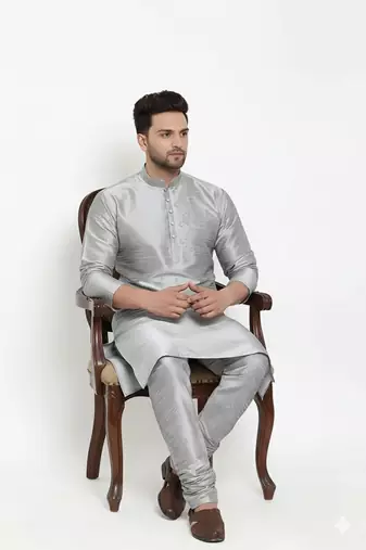 Grey embroidered dupion art silk kurta set