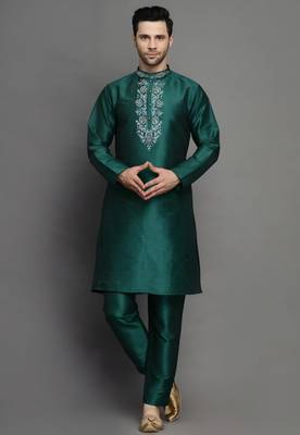 Bottle green embroidered dupion art silk kurta set 1