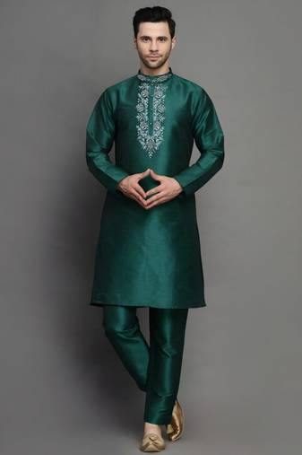 Bottle green embroidered dupion art silk kurta set