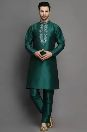 Bottle green embroidered dupion art silk kurta set