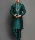 Bottle green embroidered dupion art silk kurta set