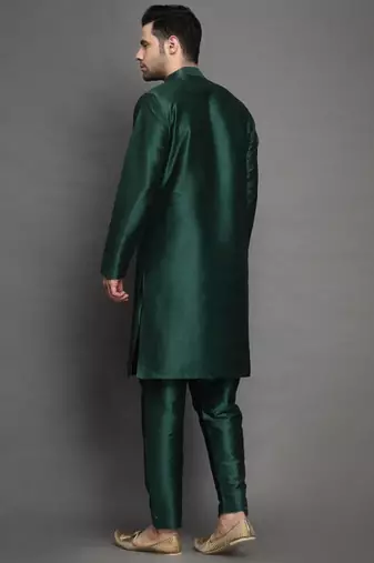 Bottle green embroidered dupion art silk kurta set