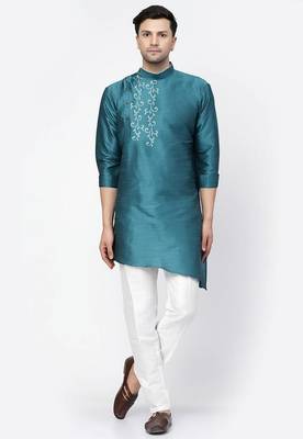 Sea green embroidered dupion art silk kurta set 1