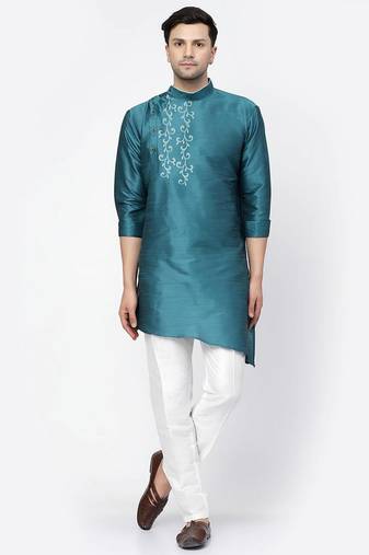 Sea green embroidered dupion art silk kurta set