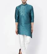 Sea green embroidered dupion art silk kurta set