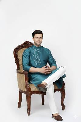 Sea green embroidered dupion art silk kurta set 2