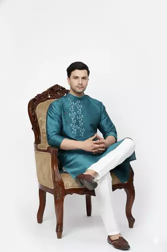 Sea green embroidered dupion art silk kurta set