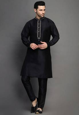 Black embroidered dupion art silk kurta set 1