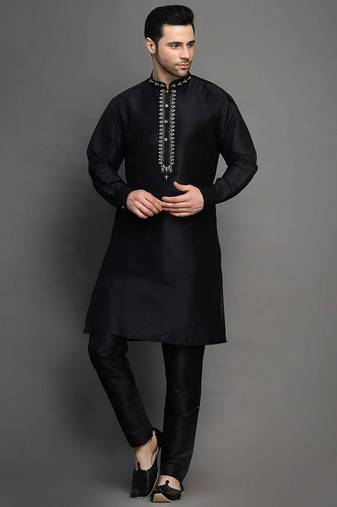 Black embroidered dupion art silk kurta set