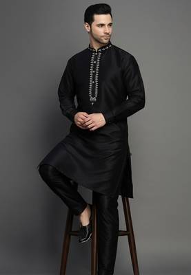 Black embroidered dupion art silk kurta set 2