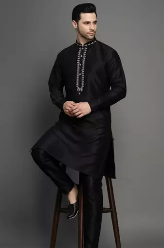 Black embroidered dupion art silk kurta set