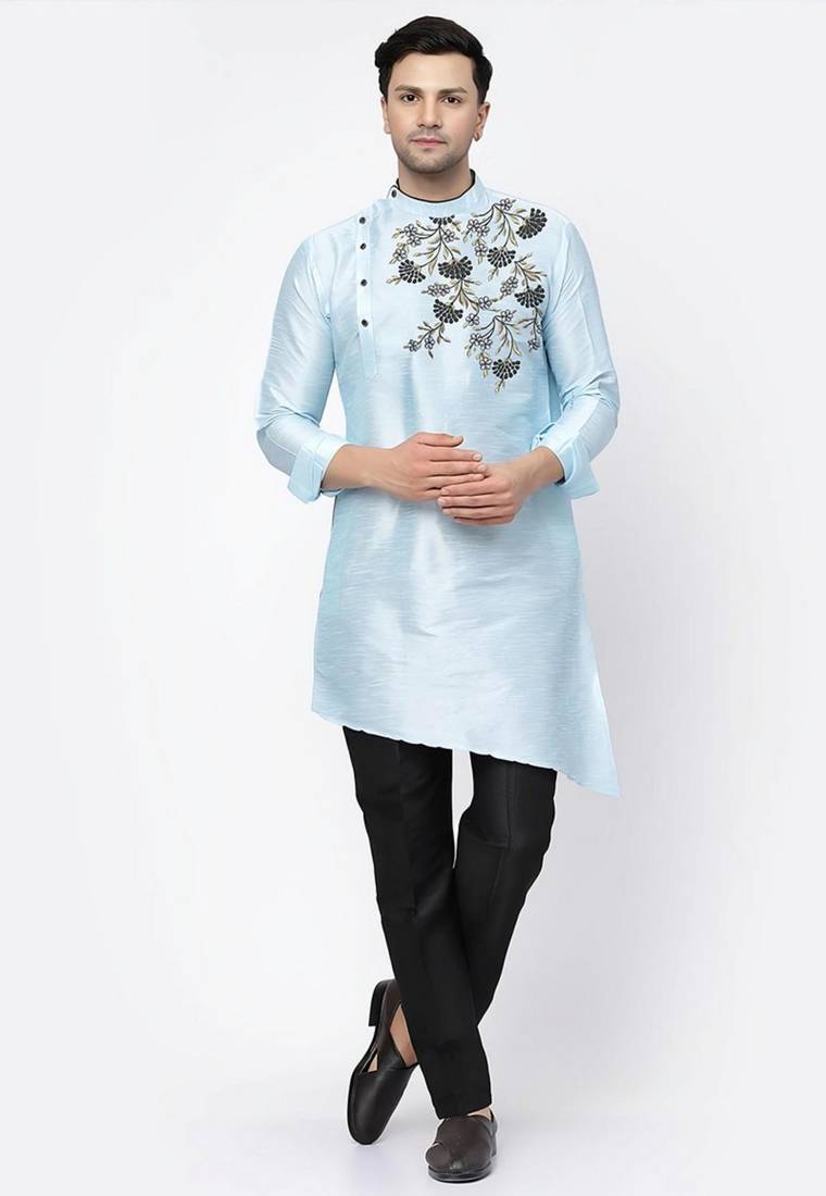 Light blue embroidered dupion art silk kurta set