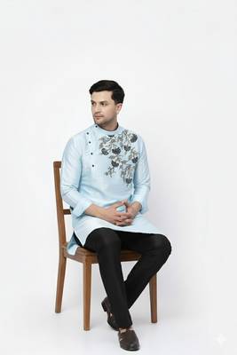 Light blue embroidered dupion art silk kurta set 2